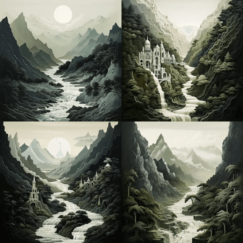 在辽阔的天空下是一片山脉，一条蜿蜒的河流 - Midjourney Prompt