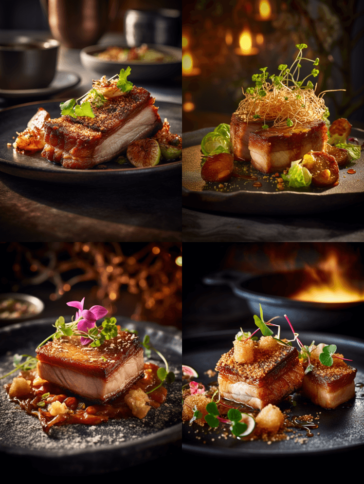 香脆的五花肉，多汁的肉质，质感的松脆，穆 - Midjourney Prompt