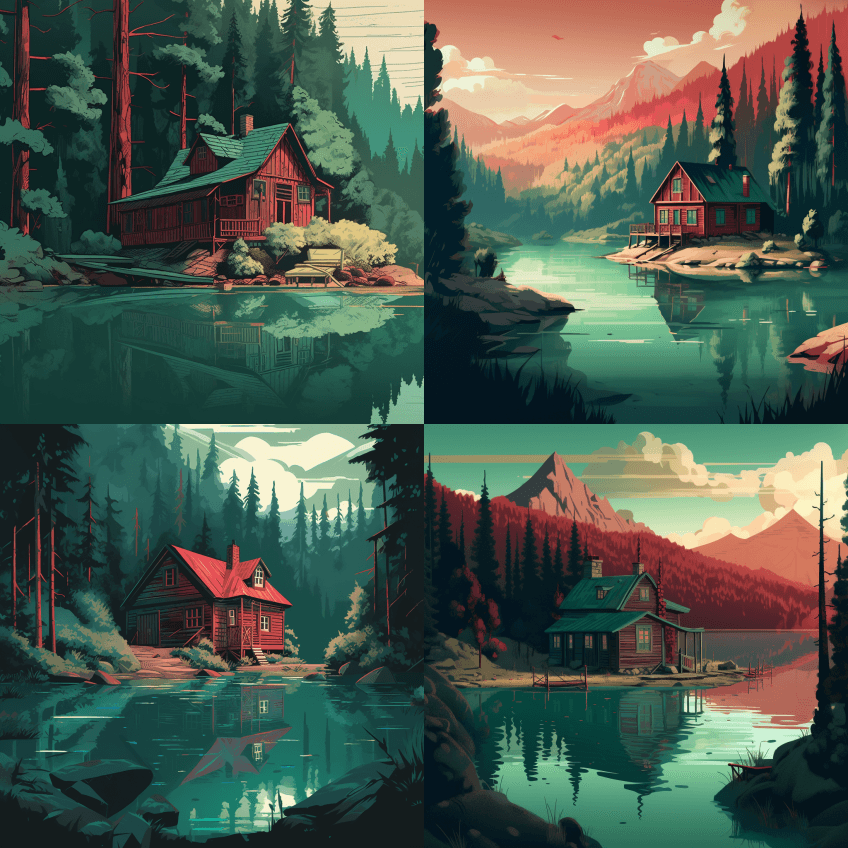 森林中俯瞰湖泊的红色小屋，以粗糙的2D动 - Midjourney Prompt