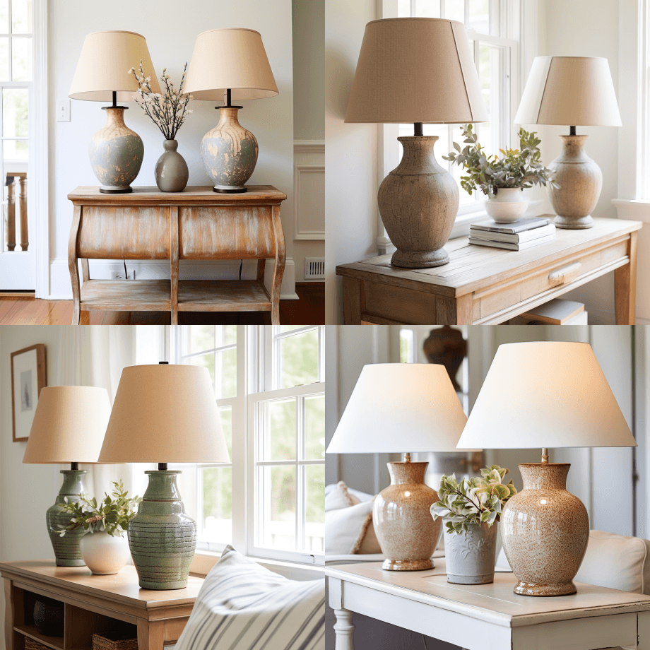 餐具柜上有两盏复古风格的陶器谷仓台灯 - Midjourney Prompt