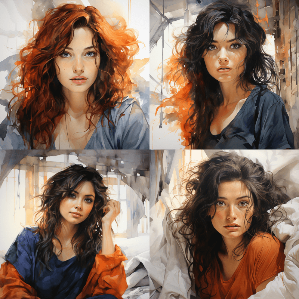 水彩画，多彩的艺术，明亮的眼睛，快乐的女 - Midjourney Prompt