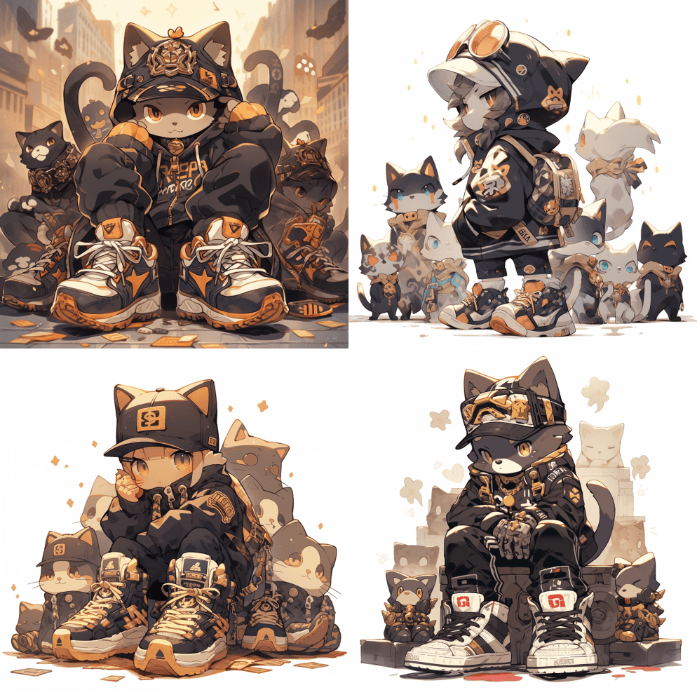 两个马尼基，金色和黑色，一只手举起来，帽 - Midjourney Prompt