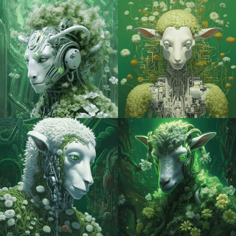 人类重生为绿色康乃馨的控制论羔羊 - Midjourney Prompt