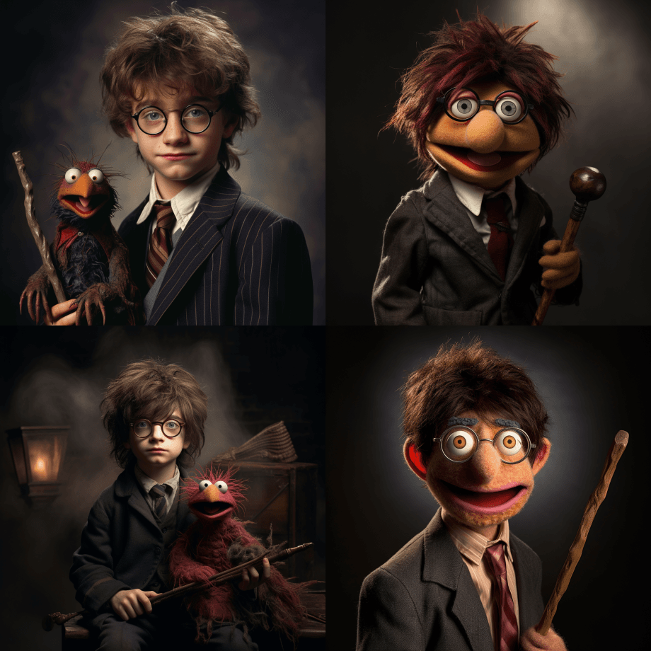 哈利波特作为木偶、闪电伤疤、魔杖的工作室 - Midjourney Prompt