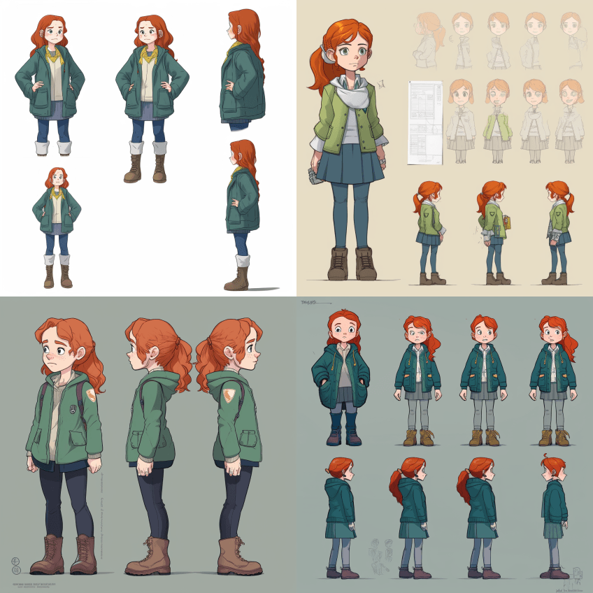 为一个红色头发、穿着惠灵顿靴子和夹克的8 - Midjourney Prompt