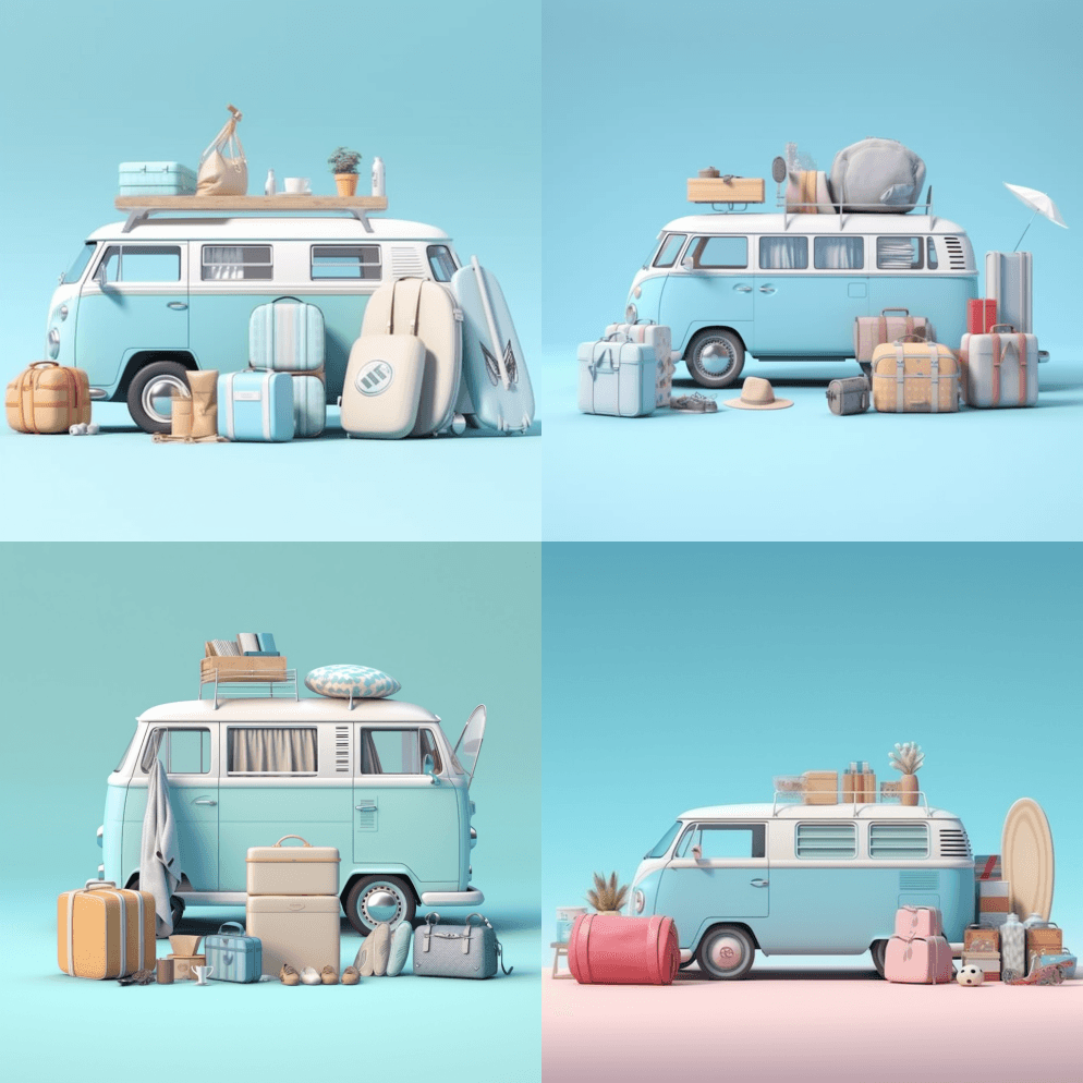 暑假,旅游度假,面包车和海滩配件,美丽的 - Midjourney Prompt