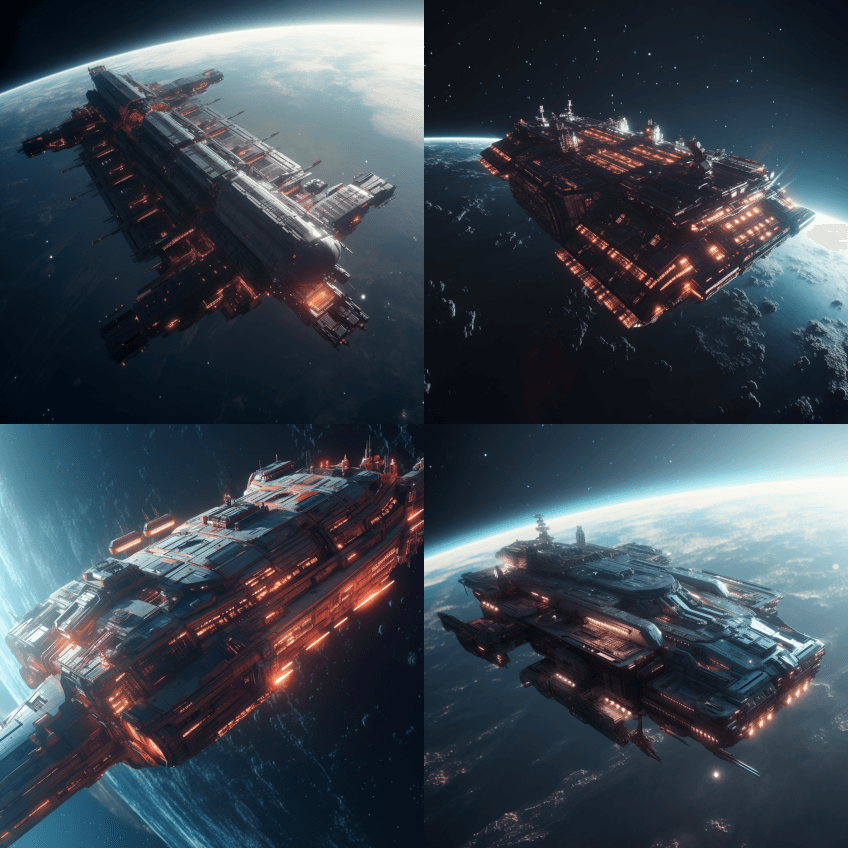 太空中有航空母舰,宇宙飞船,看到远处的地 - Midjourney Prompt
