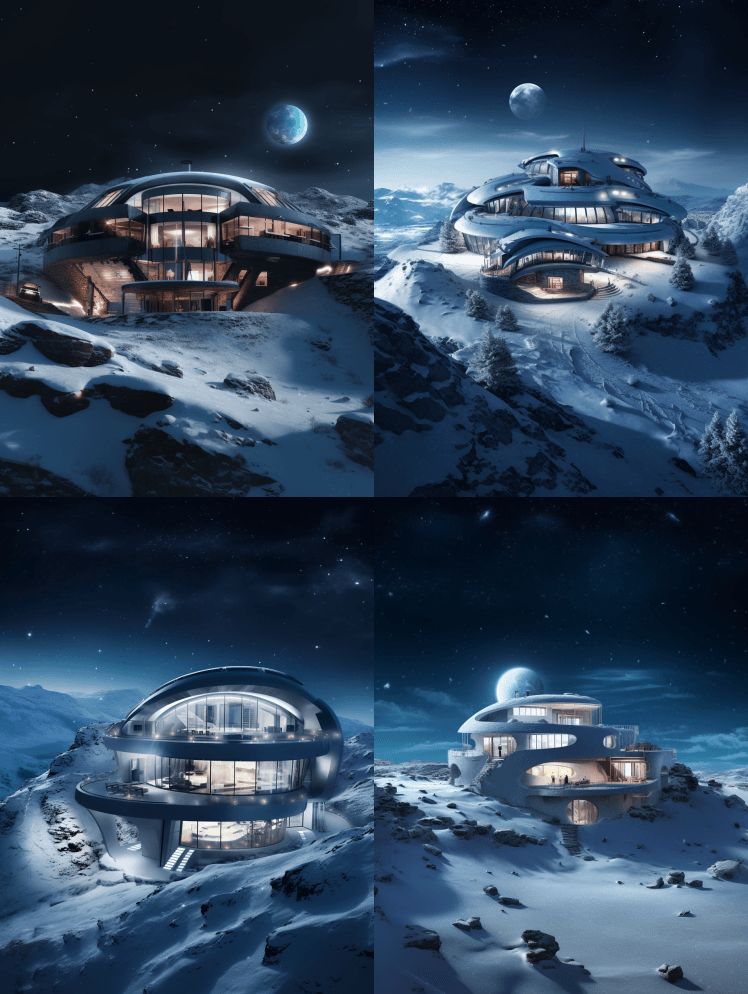雪山冰渗透生物形态屋，夜间高清晰度，宽镜 - Midjourney Prompt