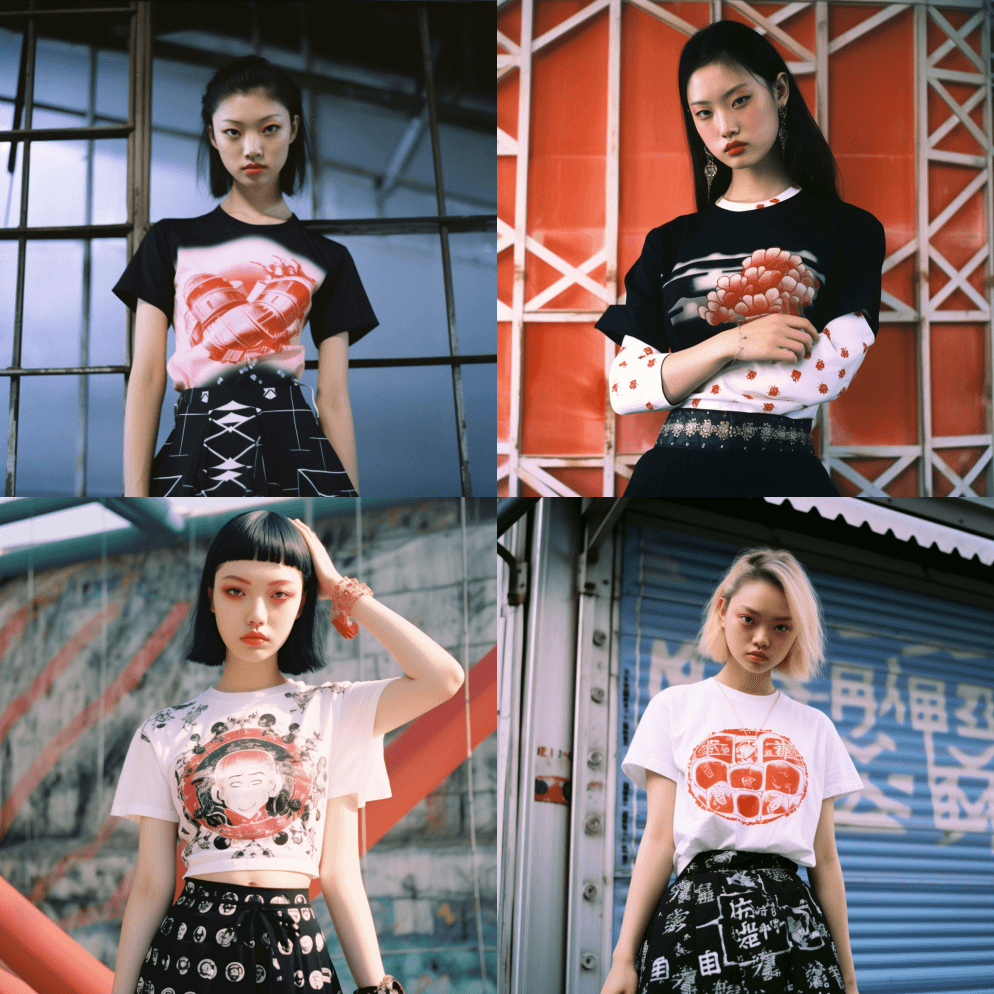 一位模特穿着黑色t恤和白色裙子，双手被铐 - Midjourney Prompt