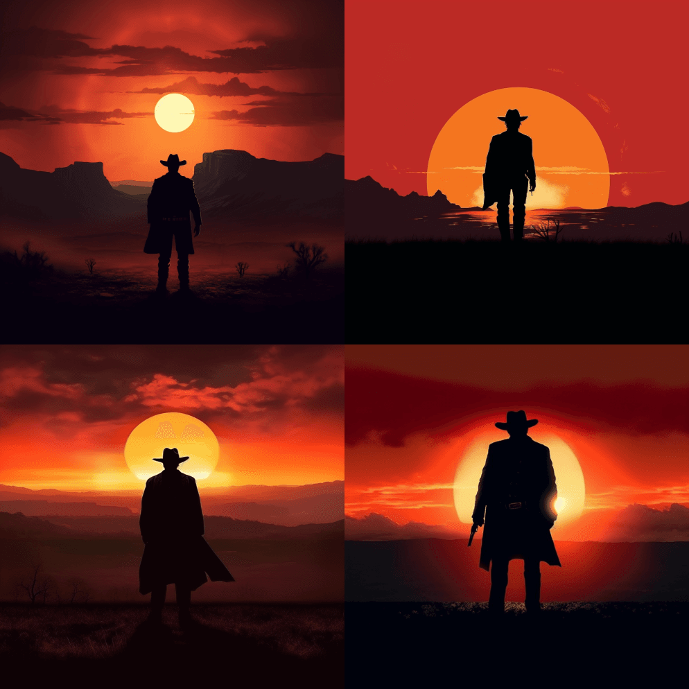 极简主义，黑暗的夕阳，枪手，戴着牛仔帽， - Midjourney Prompt