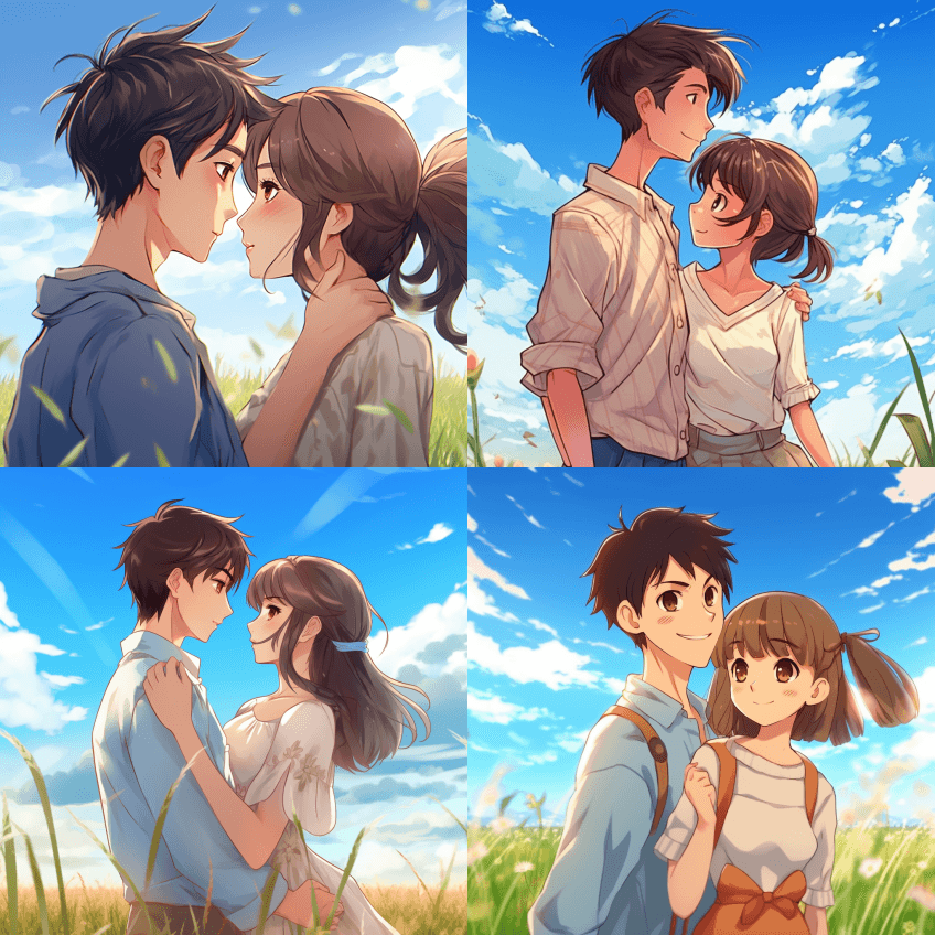 中国情侣，浪漫，以草原为背景，蓝天白云， - Midjourney Prompt