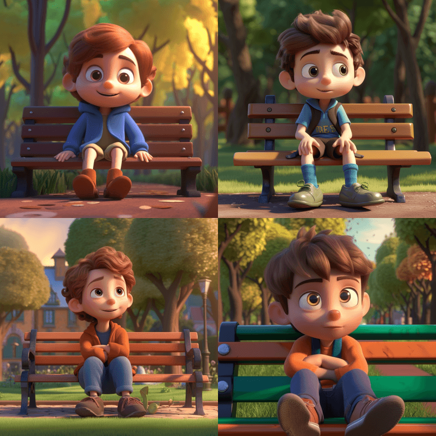 皮克斯风格，一个可爱的小男孩坐在公园的长 - Midjourney Prompt