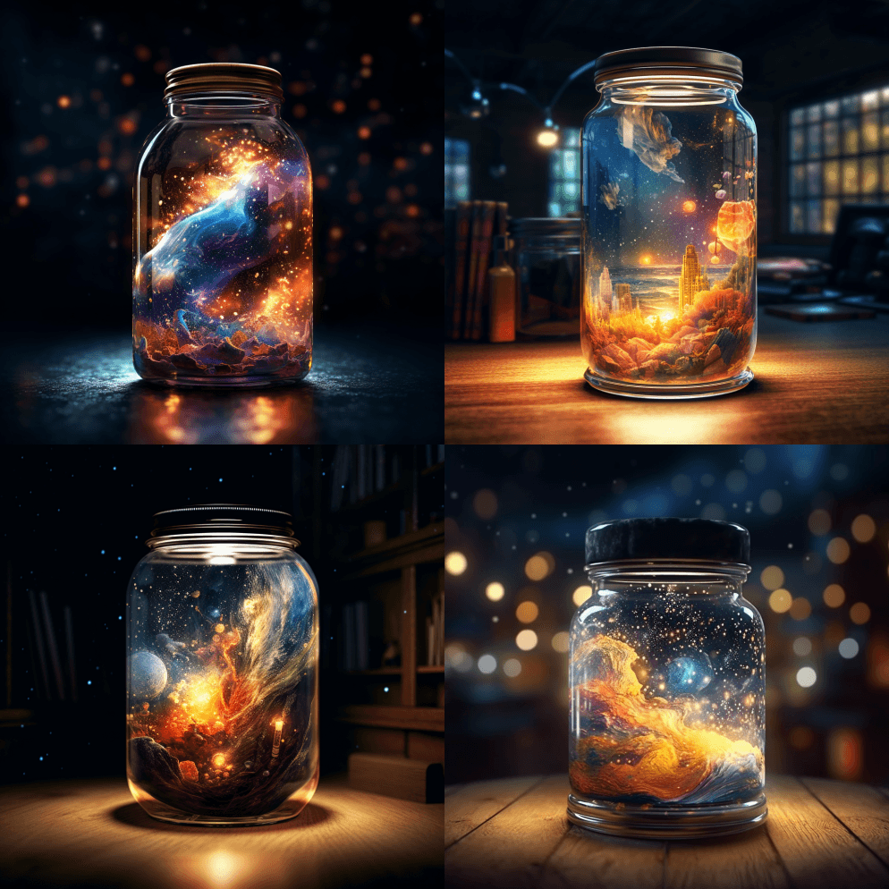 整个宇宙都装在一个玻璃瓶里，超逼真，超细 - Midjourney Prompt