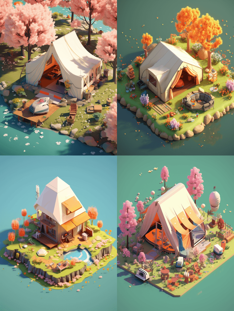 海岛露营春季花屋插图，远景，透视平坦45 - Midjourney Prompt