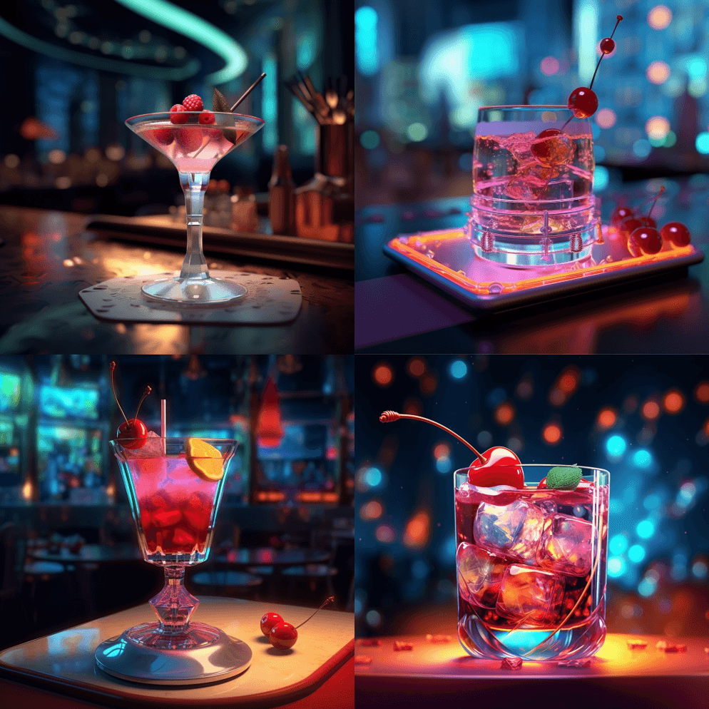 复古酒吧上有一只玻璃杯，里面放着高科技风 - Midjourney Prompt