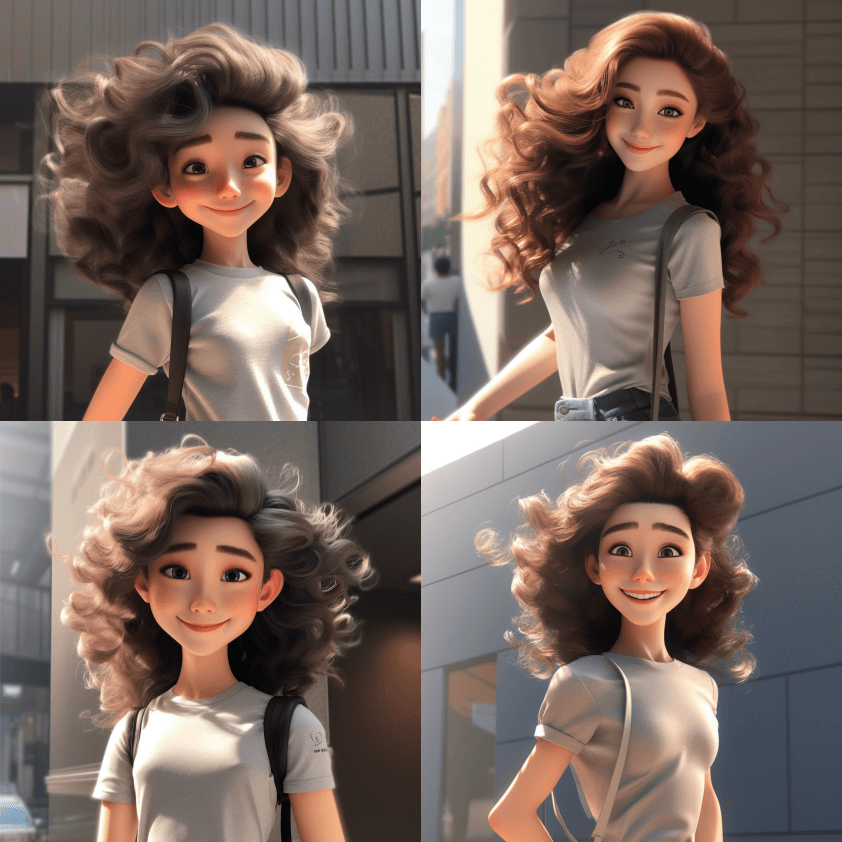 圆脸，酒窝，头发在风中飘动，卷曲的棕色头 - Midjourney Prompt