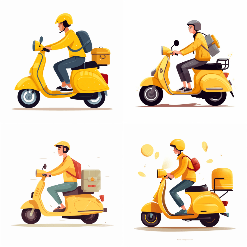 平面插图，黄色快递小哥，骑着黄色摩托车， - Midjourney Prompt