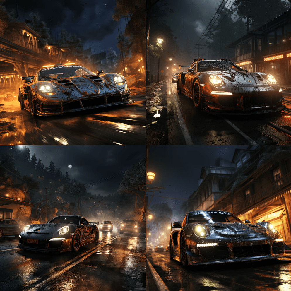 一个夜间游戏中的赛车截图，以亚瑟·布朗· - Midjourney Prompt