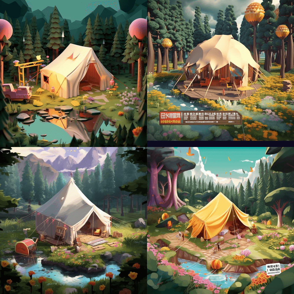 主要对象是3D恶棍露营。前景是3D花卉和 - Midjourney Prompt