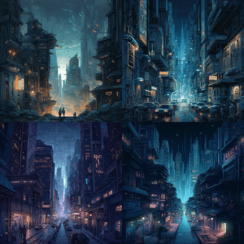 一幅迷人的月光下的城市风景画，有摩天大楼 - Midjourney Prompt