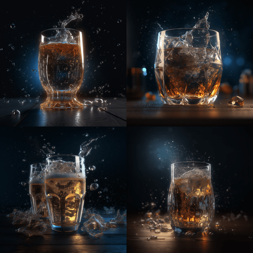 一杯飞溅的啤酒和冰块，令人敬畏的撞击镜头 - Midjourney Prompt