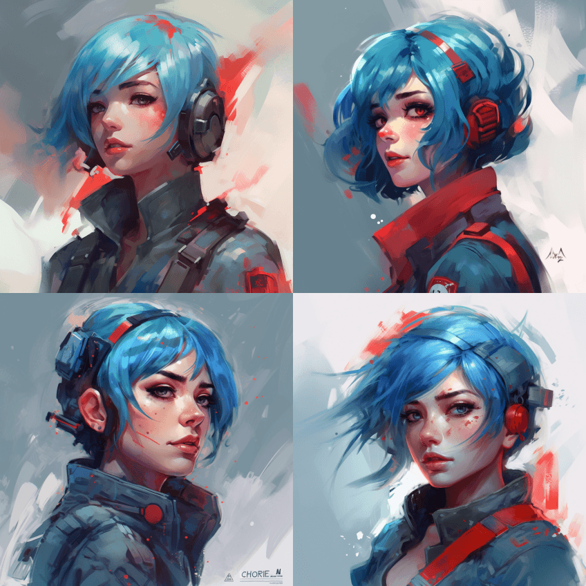 蓝头发的蓝头发，太空海盗队长女孩，未来主 - Midjourney Prompt