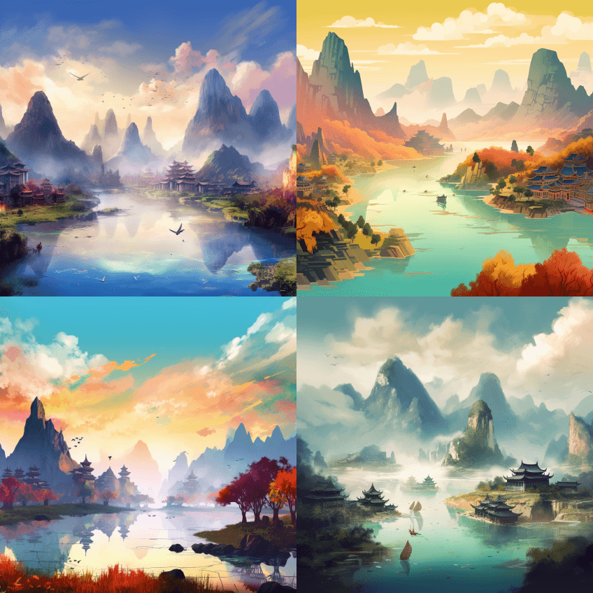 中国山水图远山、江河清澈、古建筑、船鸟、 - Midjourney Prompt