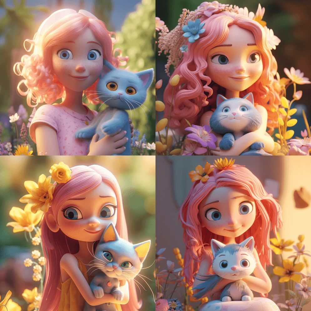 一头粉色长发的女孩抱着一只猫,猫是金色的 - Midjourney Prompt