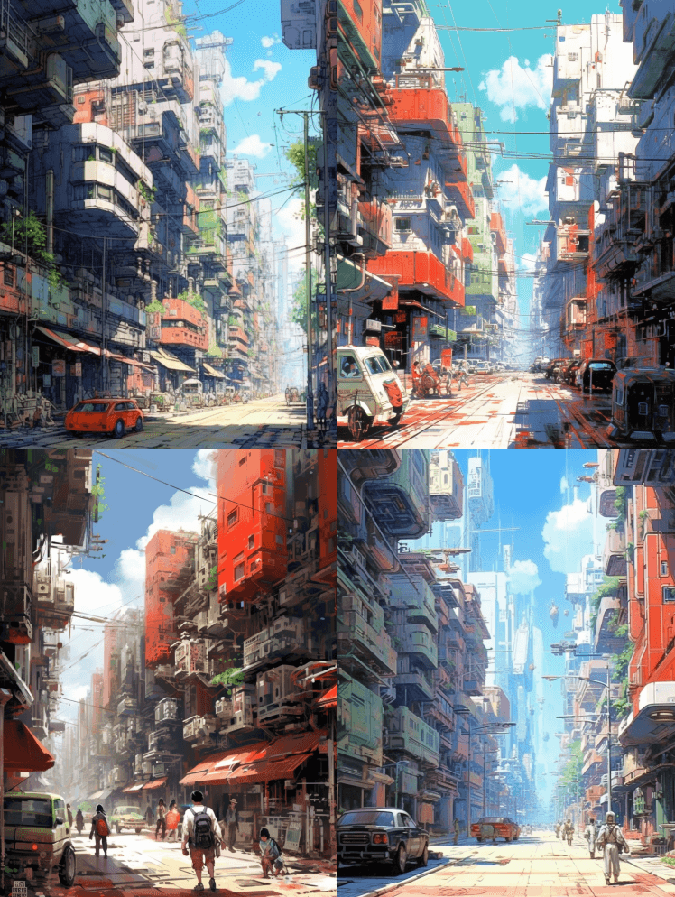 未来城市街道的和平图景，有砖头公寓，令人 - Midjourney Prompt