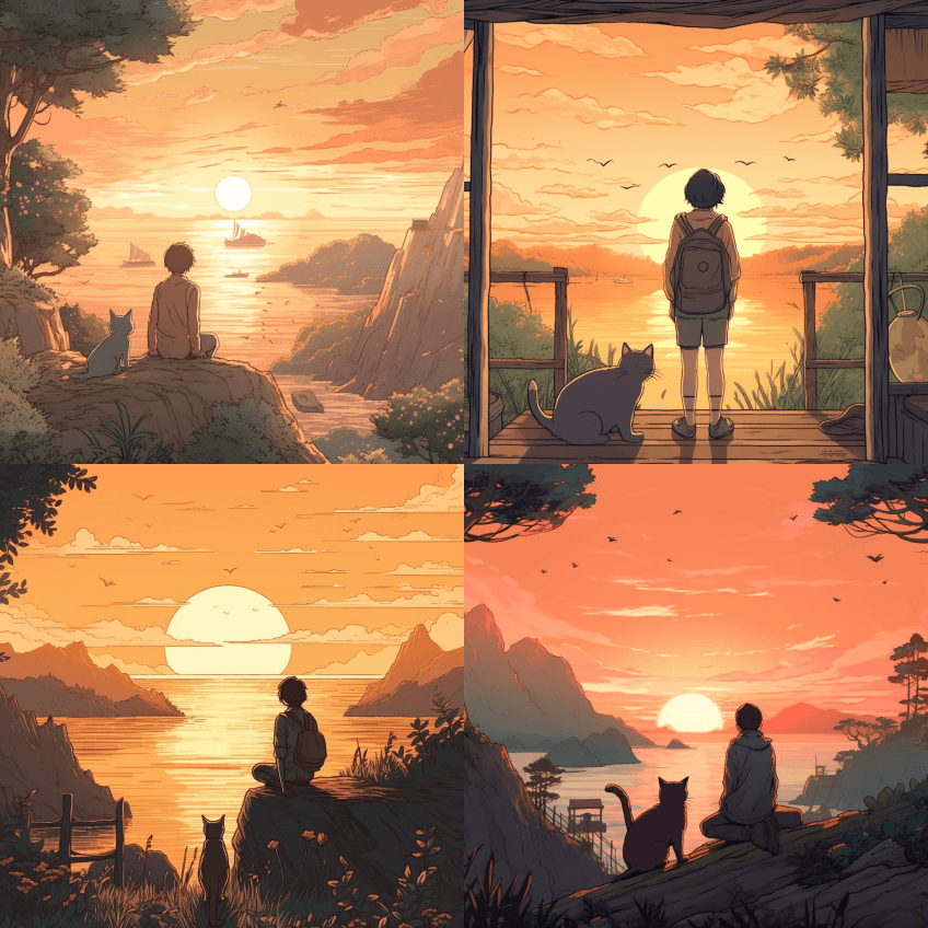 一个人和一只猫一起看日出，温暖，可爱，宫 - Midjourney Prompt