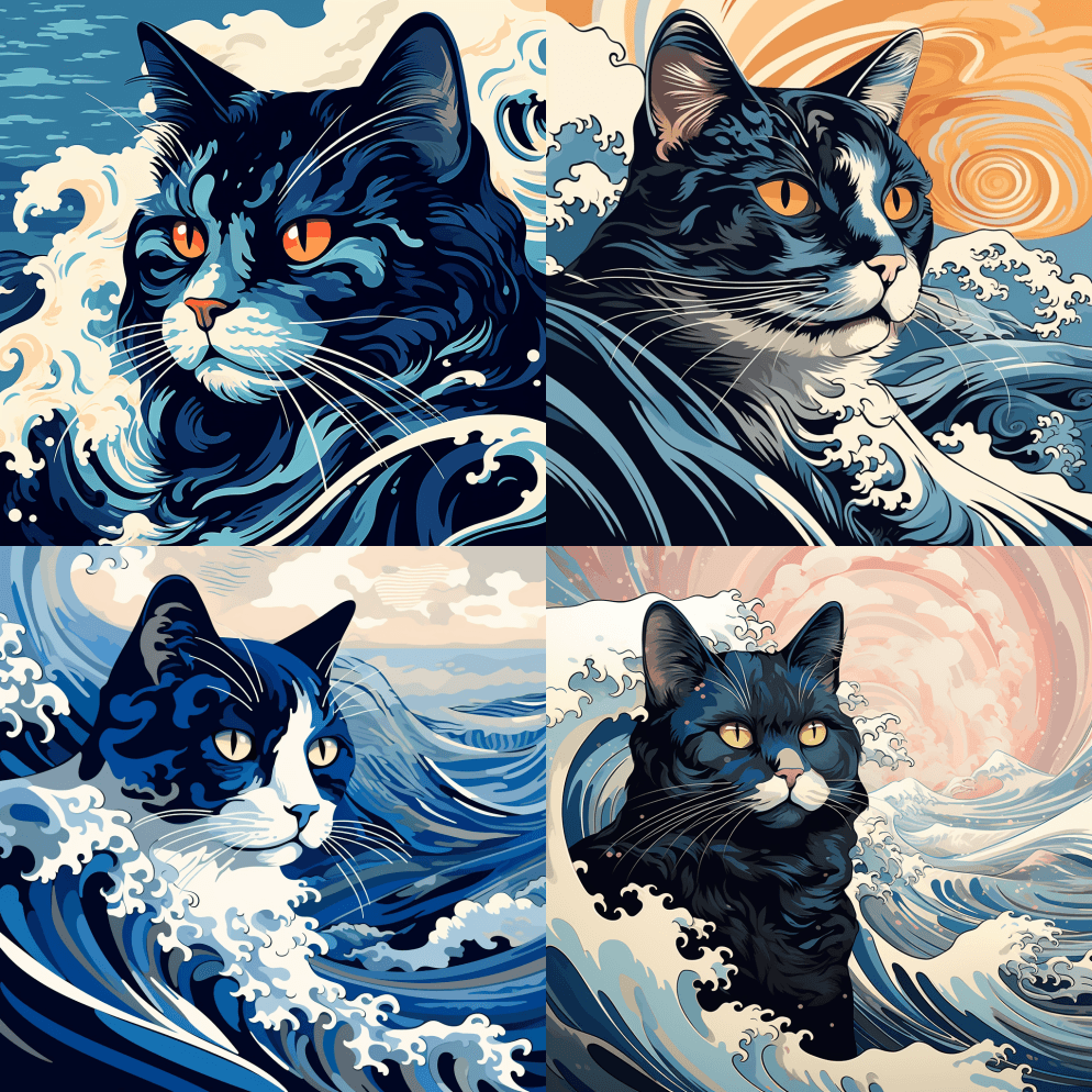 《猫》以深蓝色和天蓝色的风格描绘了神奈川 - Midjourney Prompt