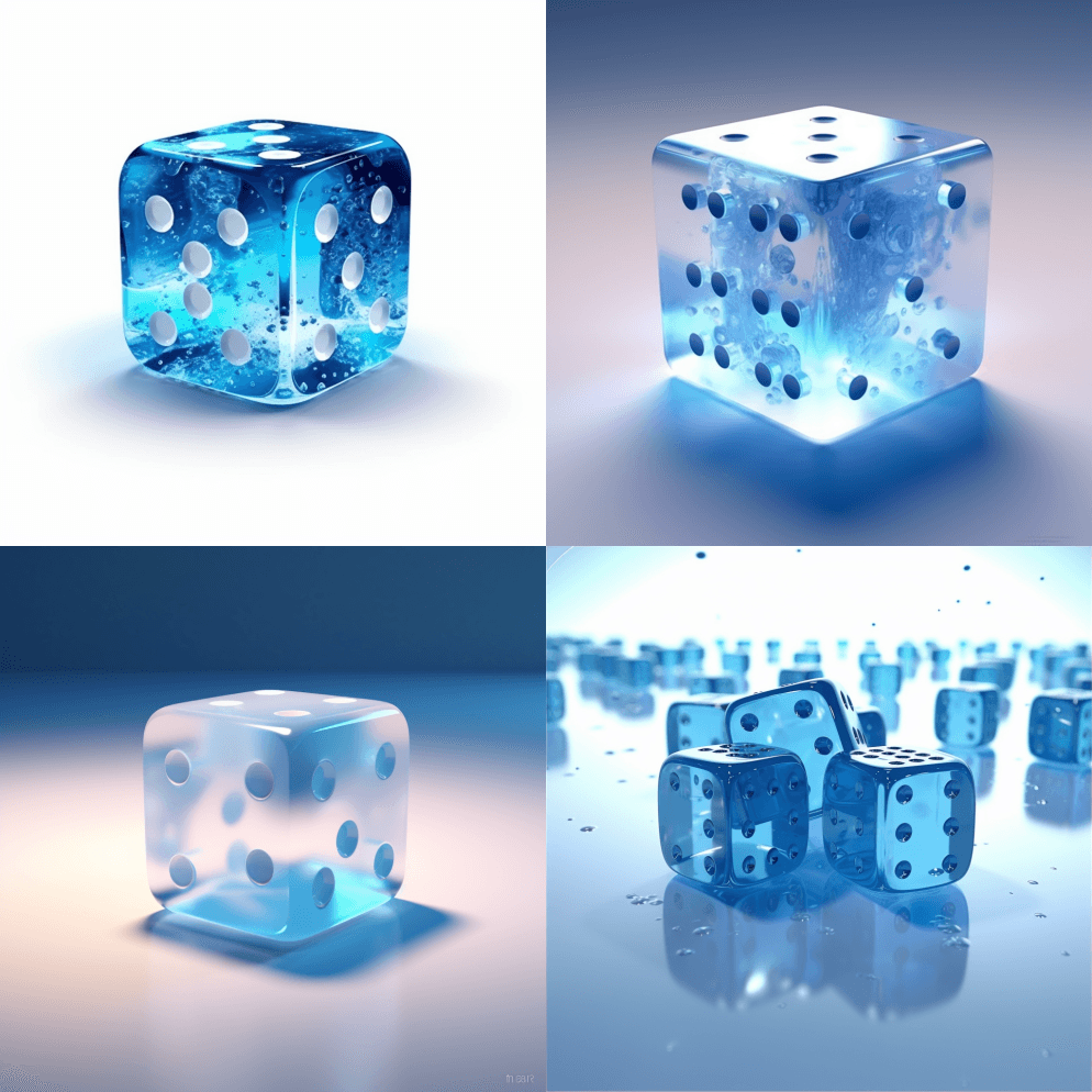 随意的骰子图标，蓝色磨砂玻璃，白色亚克力 - Midjourney Prompt
