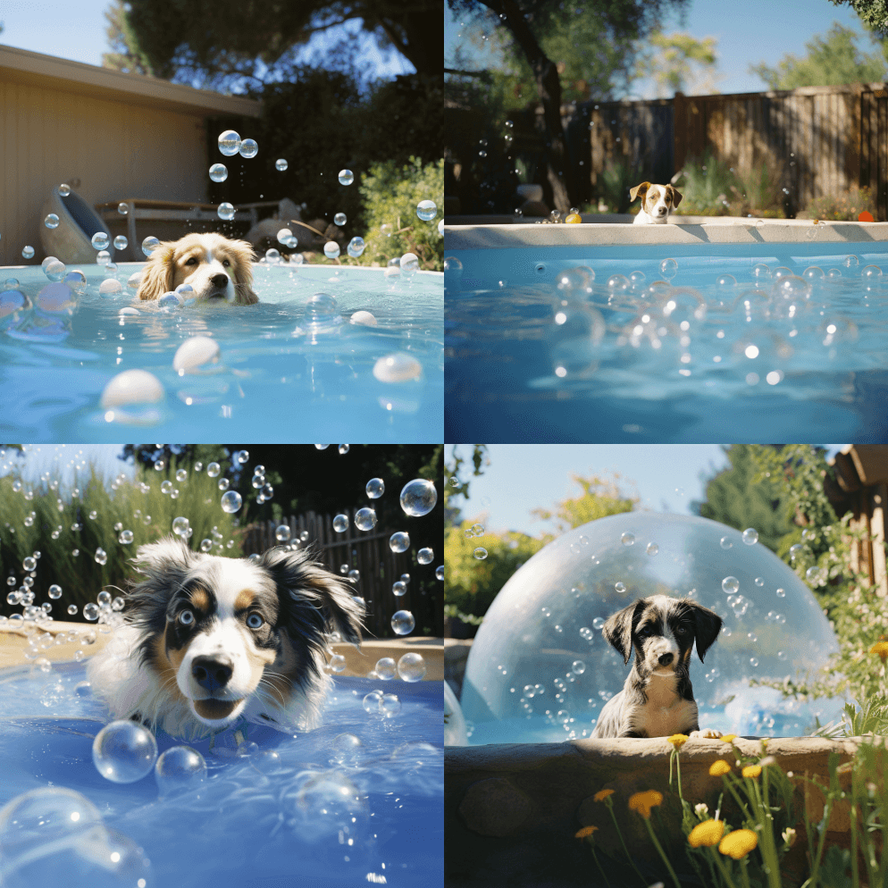 背景是儿童大小的蓝色小游泳池，里面有狗在 - Midjourney Prompt