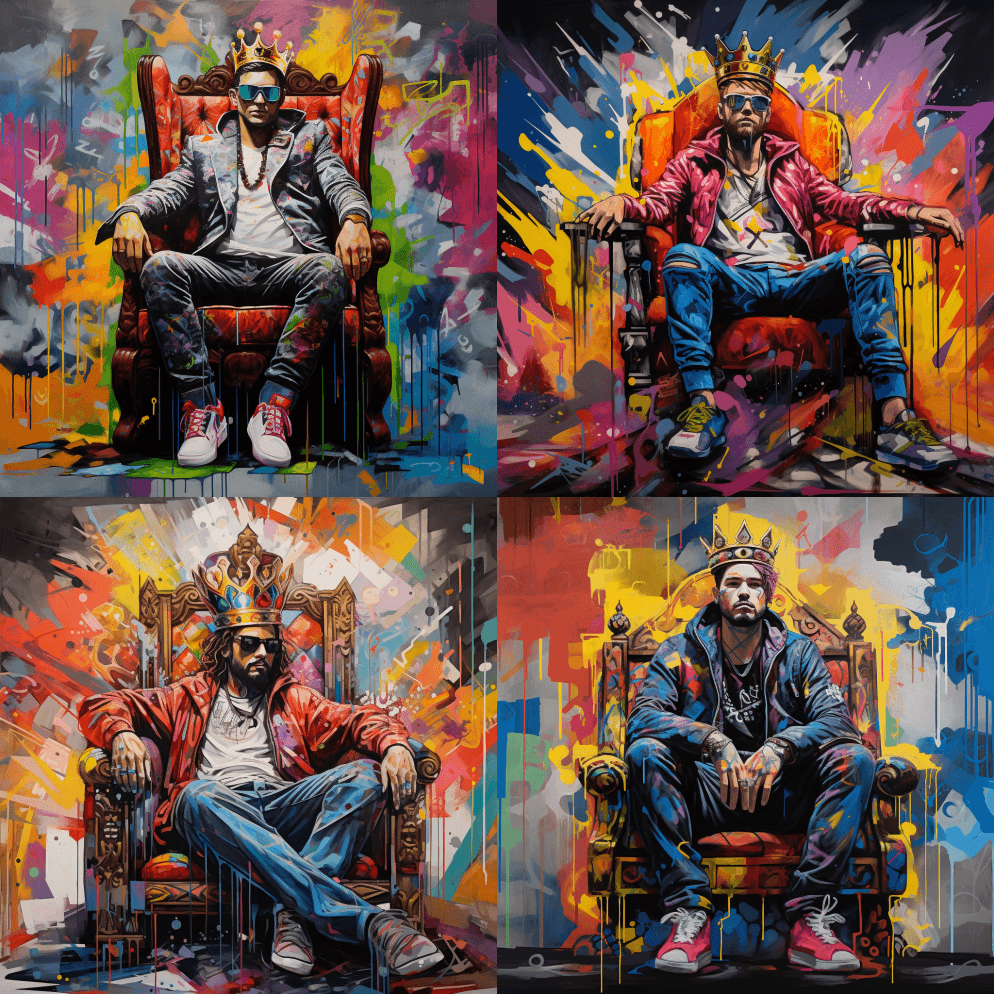 五彩缤纷，朋克艺术，国王坐在宝座上俯瞰世 - Midjourney Prompt