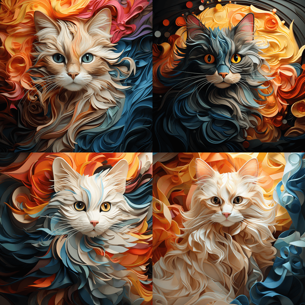 一只时髦的猫，印象派抽象立体主义丝绸面料 - Midjourney Prompt