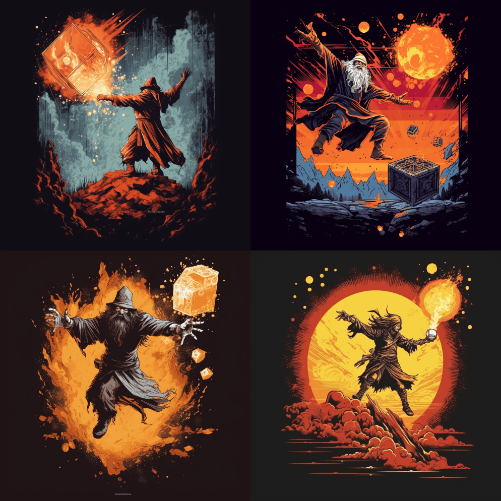 2D、矢量、史诗般的场景，一个巫师向一件 - Midjourney Prompt