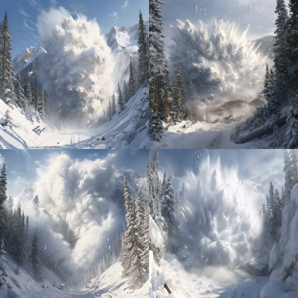 巨大的雪崩从山上滚落，穿过并摧毁树木，超 - Midjourney Prompt