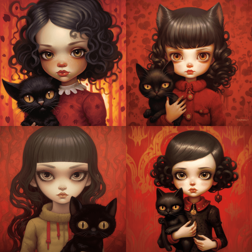 一个有着可怕的黄色眼睛和黑色猫的女孩拿着 - Midjourney Prompt