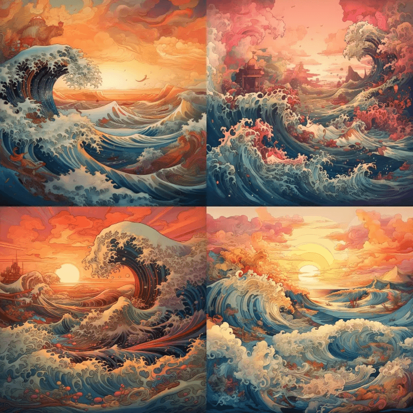 落日巨浪，数字绘画，詹姆士·让风格的数字 - Midjourney Prompt
