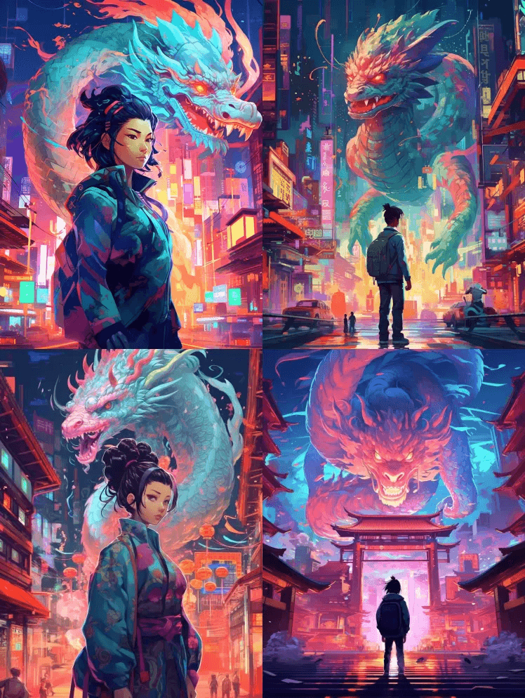 霓虹灯赛伯朋克武士，中国龙的全息图，背景 - Midjourney Prompt