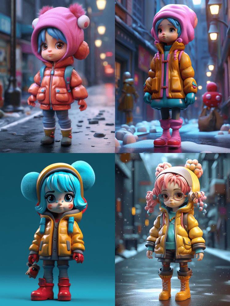 设计师玩具，3D渲染16k，穿着蓬松夹克 - Midjourney Prompt