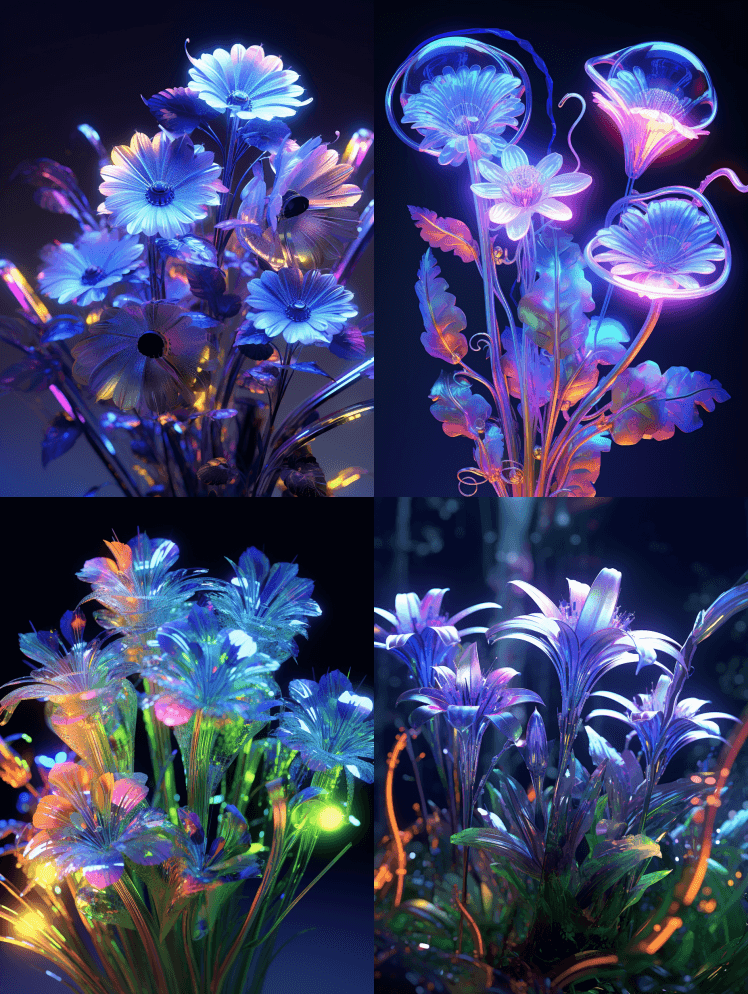未来主义花卉，设计感，数码植物，体积线对 - Midjourney Prompt