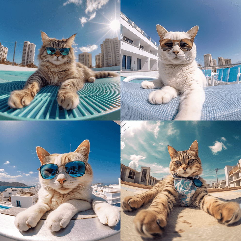 一只戴着时尚墨镜的猫，躺在屋顶上，在海滩 - Midjourney Prompt