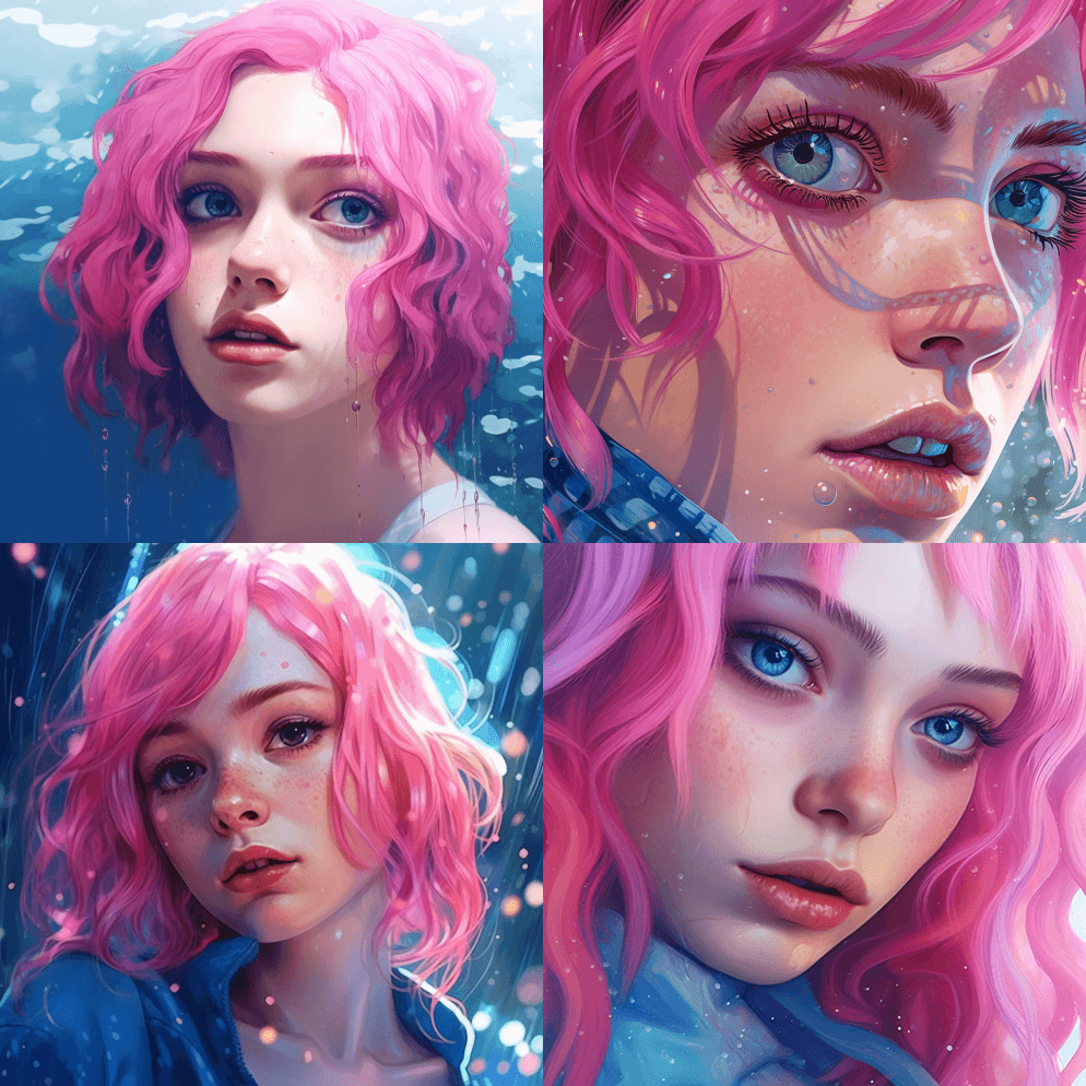 蓝眼睛粉色头发的人物，风格细致的大气肖像 - Midjourney Prompt
