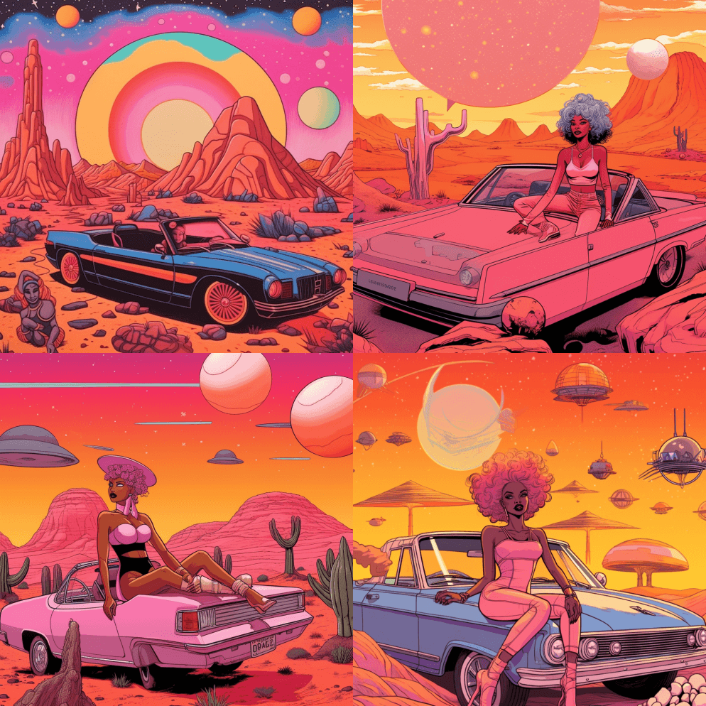 一个美丽的复古外太空黑色芭比娃娃坐在沙漠 - Midjourney Prompt