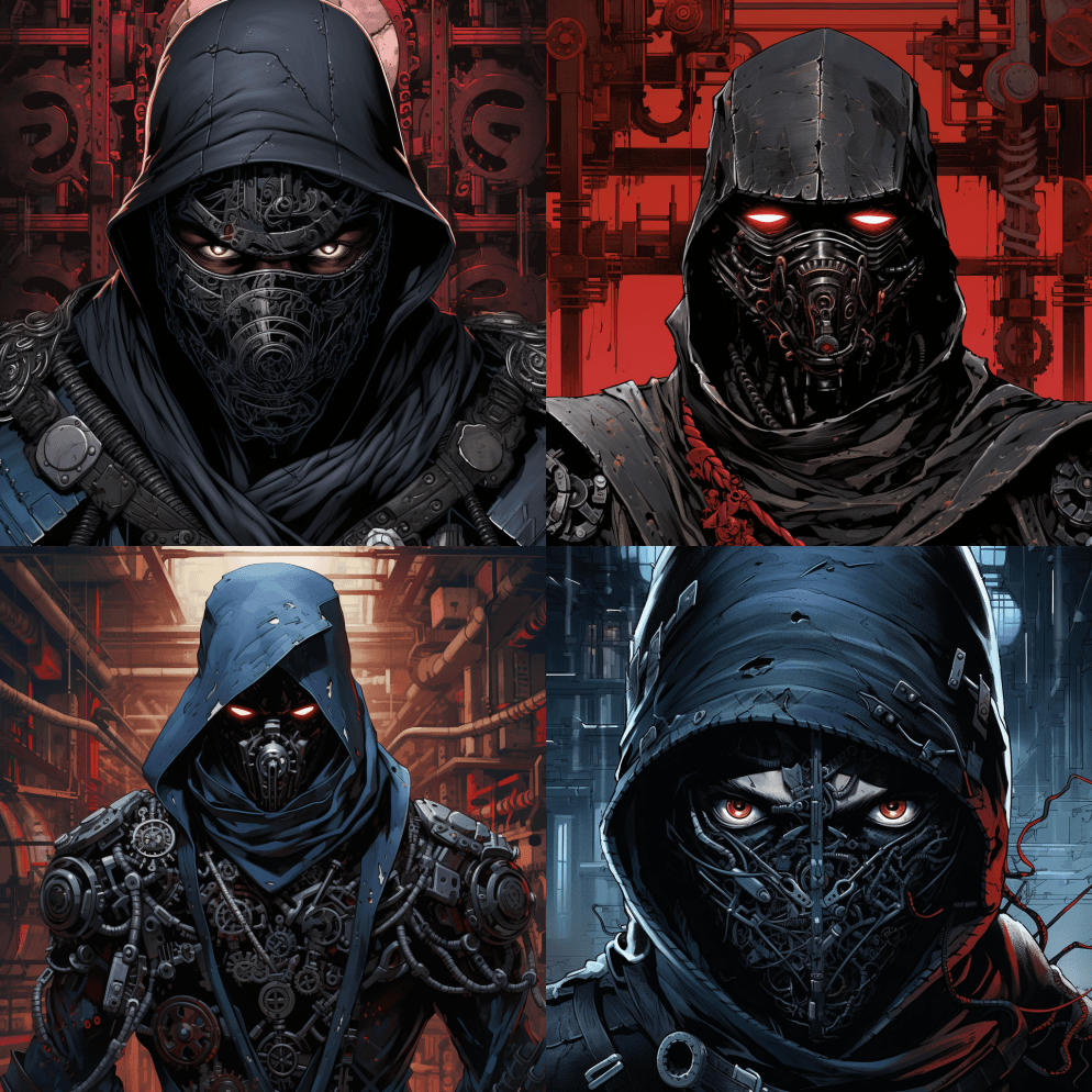 一个梦魇般的黑忍者，有很多眼睛看着产业结 - Midjourney Prompt