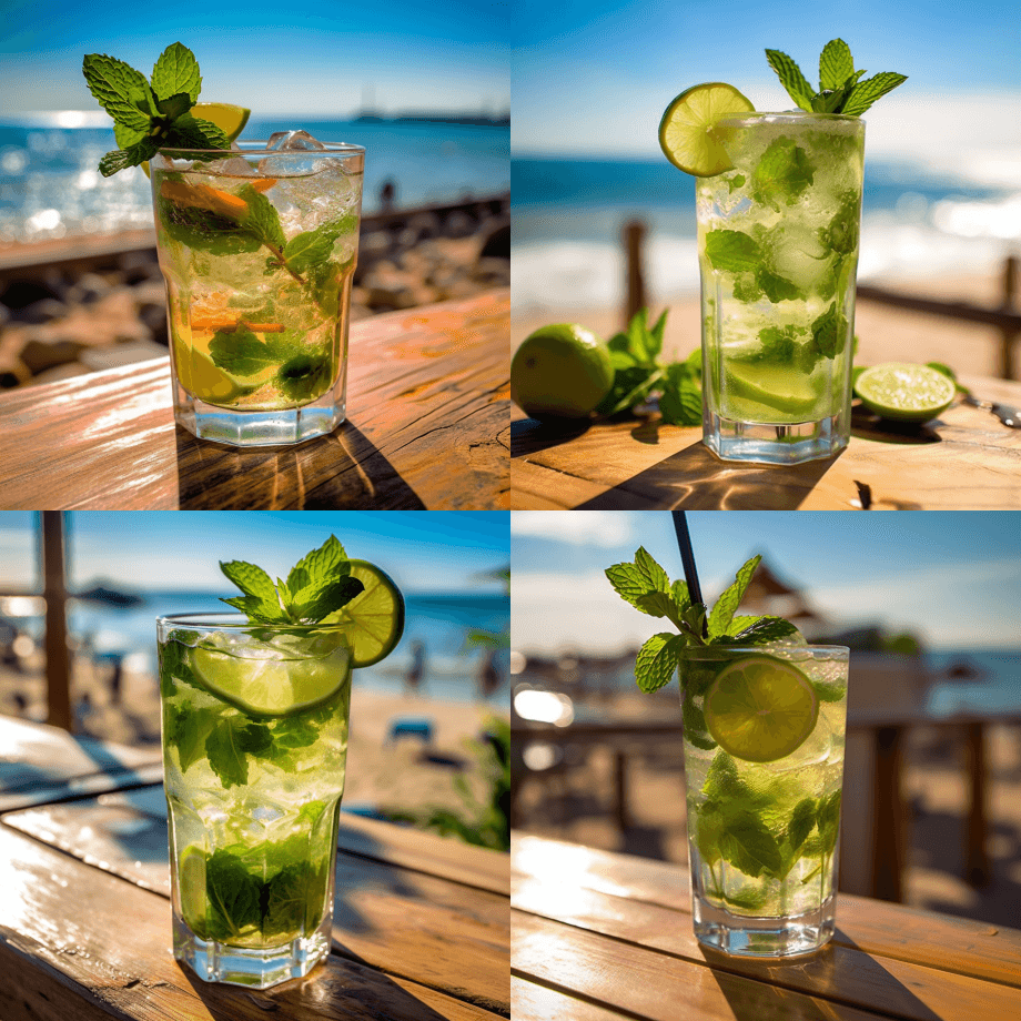 令人惊叹的鸡尾酒莫吉托照片，背景是阳光明 - Midjourney Prompt