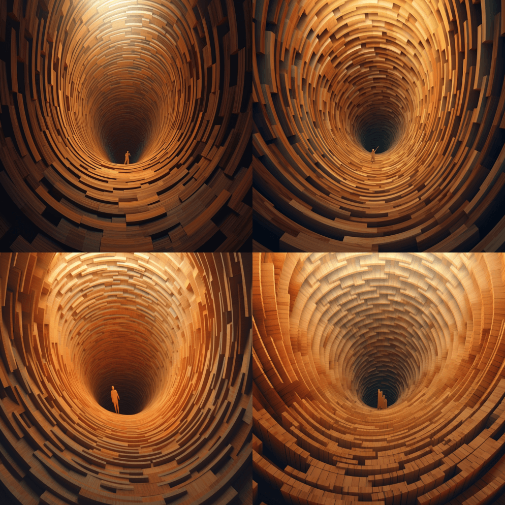 概念拼图木质螺旋隧道，3D插图，虚拟现实 - Midjourney Prompt