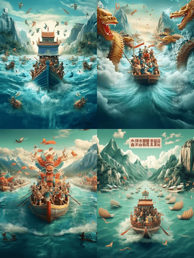 船上POV，升水饺，端午节，龙舟，粽子如 - Midjourney Prompt