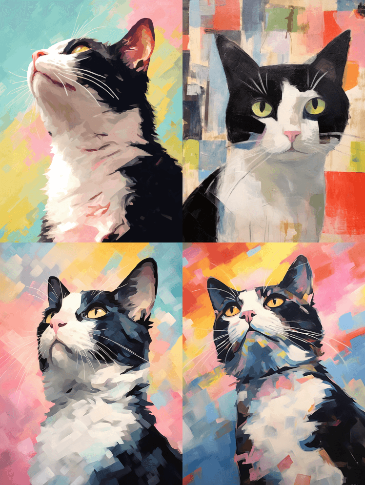 一只黑白相间的猫抬头仰望，以印象派的风格 - Midjourney Prompt